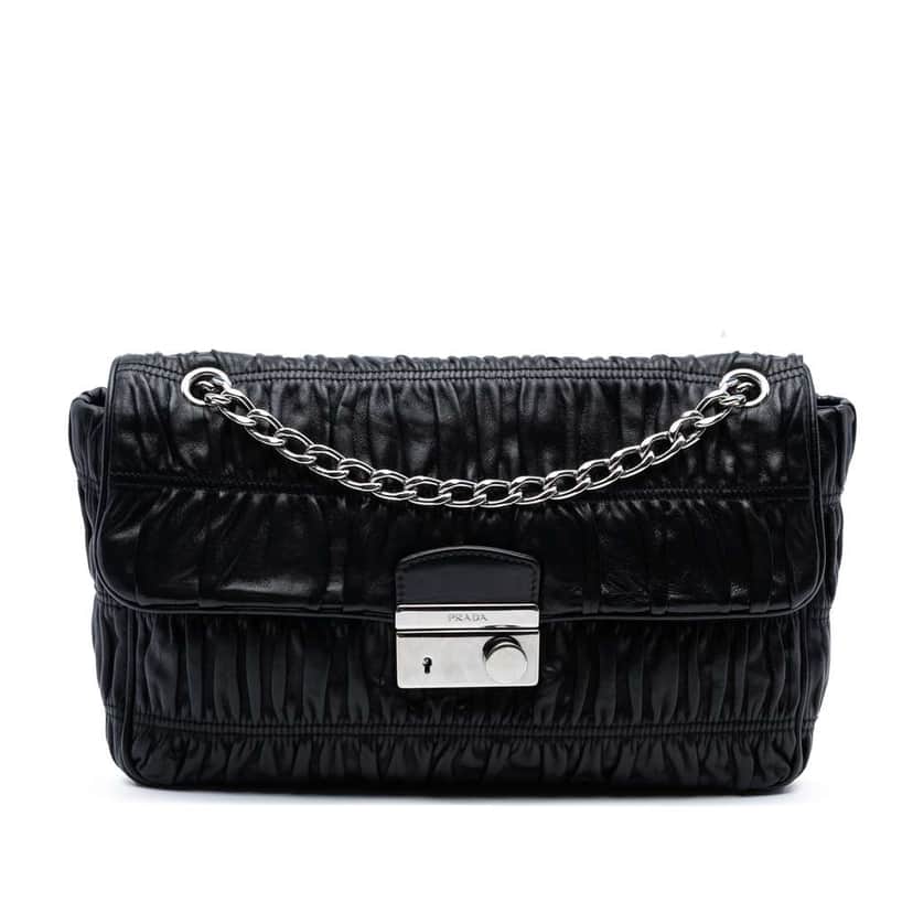 Prada Medium Nappa Gaufre Sound Lock Shoulder Bag Black Leather Good condition - Front View