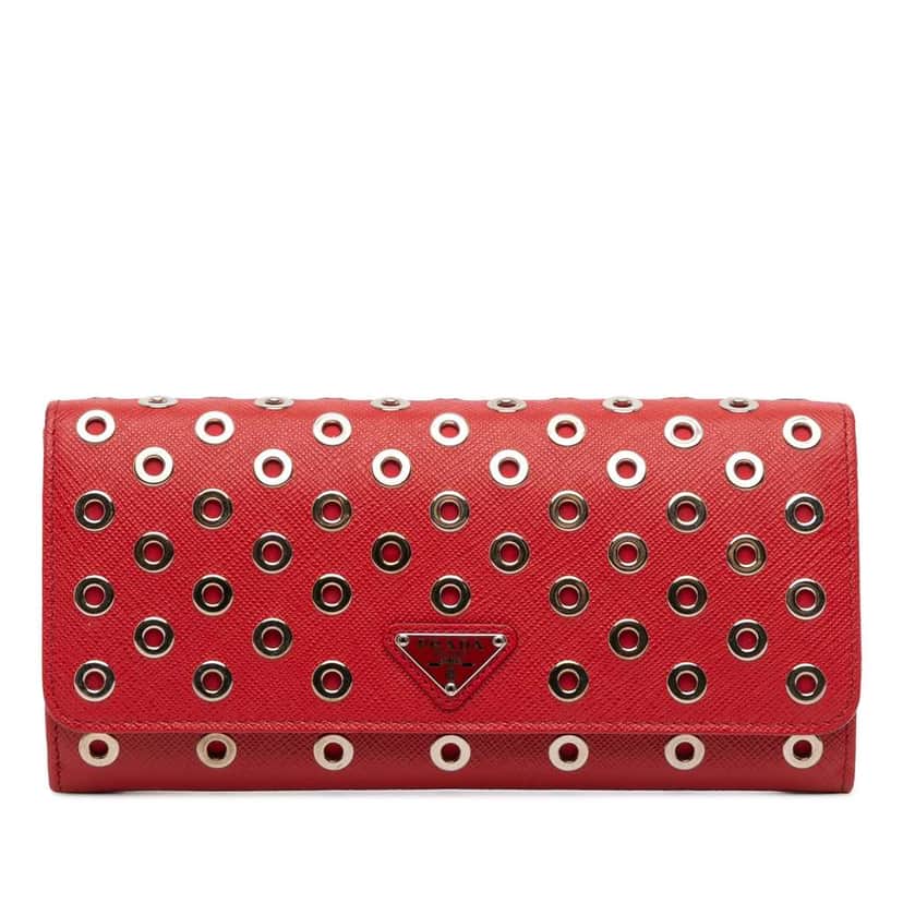 Prada Saffiano Grommet Wallet Red Leather Good condition - Front View