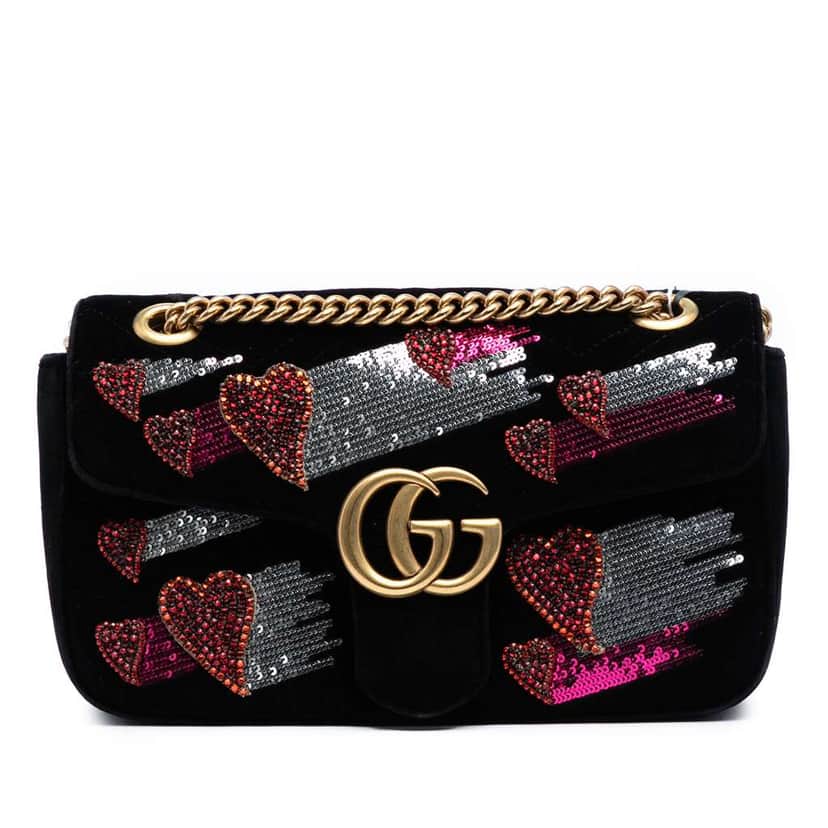 Gucci Medium GG Marmont Matelasse Velvet Sequin Embellished Shoulder Bag Black Velvet Good condition - Front View