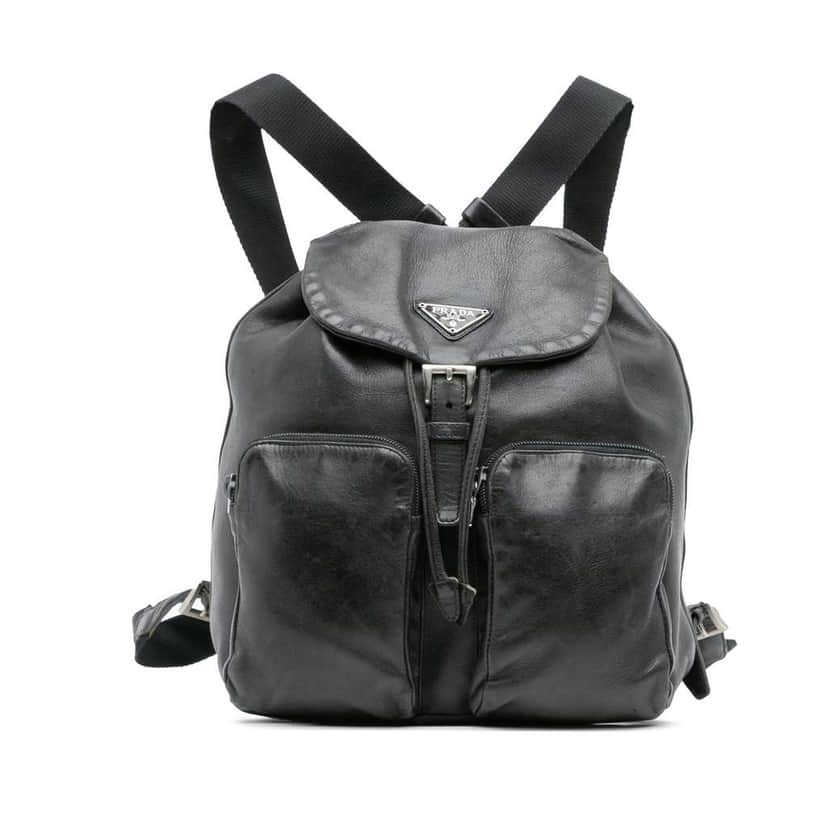 Prada Nappa Double Pocket Drawstring Backpack Black Leather Good condition - Front View