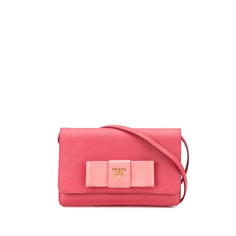 Prada Saffiano Lux Bow Wallet On Strap Pink Leather Good condition - Front View