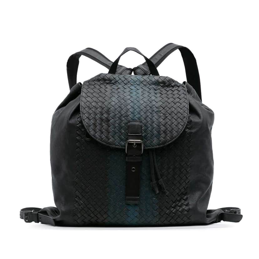 Bottega Veneta Nappa Intrecciato Drawstring Flap Backpack Black Leather Good condition - Front View