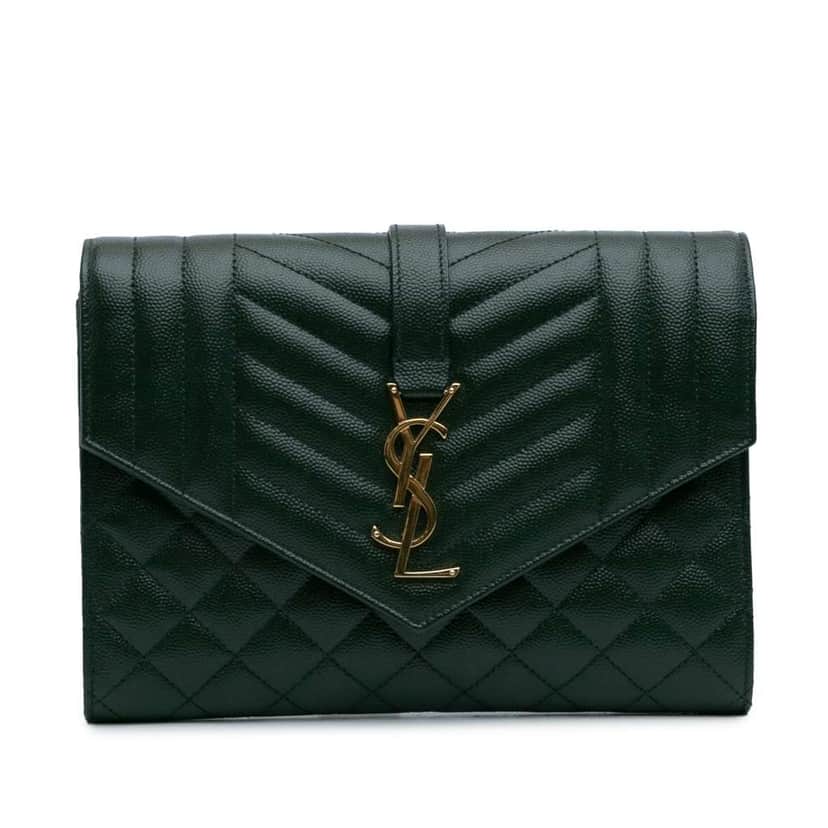 Saint Laurent Grain De Poudre Triquilt Monogram Envelope Clutch Green Leather Good condition - Front View