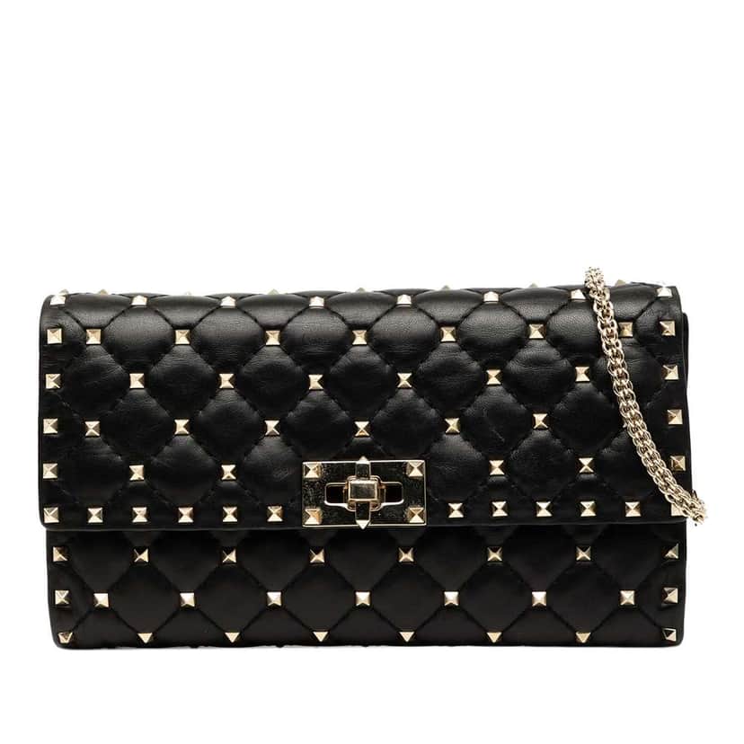 Valentino Nappa Rockstud Spike Wallet On Chain Black Leather Good condition - Front View
