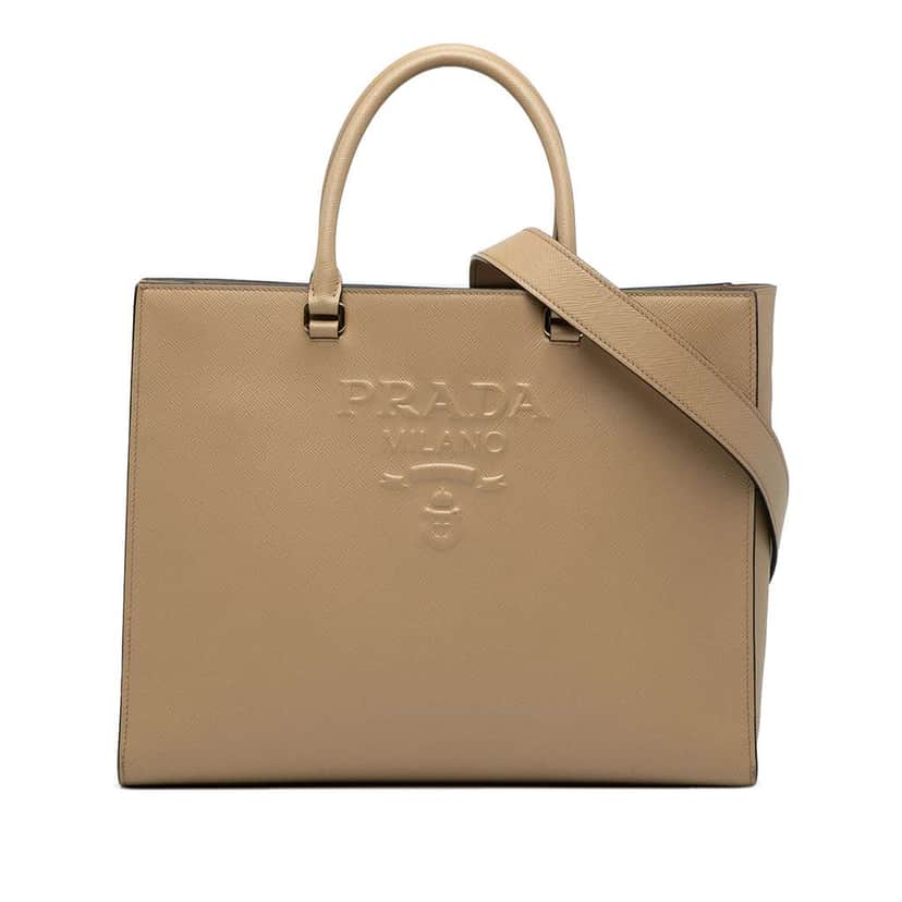 Prada Large Saffiano Lux Embossed Logo Convertible Tote Brown Leather Good condition - Front View