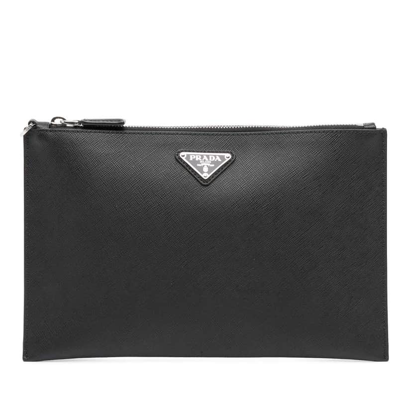 Prada Saffiano Clutch Black Leather Good condition - Front View