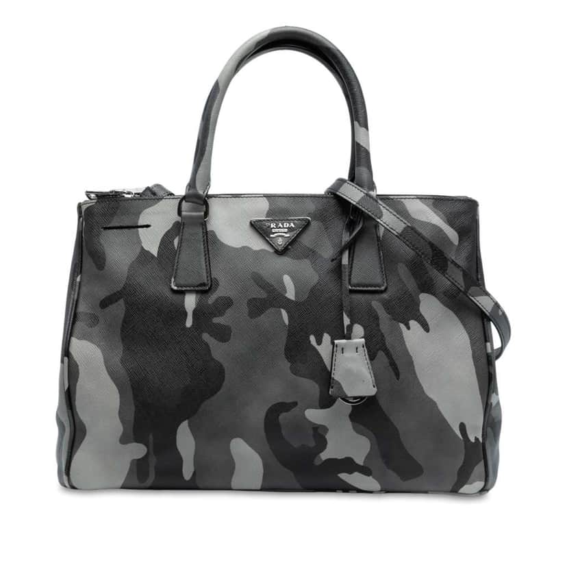 Prada Medium Saffiano Lux Camouflage Galleria Double Zip Satchel Grey Leather Good condition - Front View