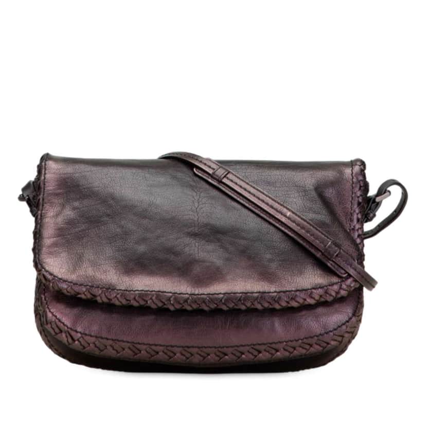 Bottega Veneta Intrecciato Trimmed Iridescent Calfskin Scarabee Crossbody Purple Leather Good condition - Front View