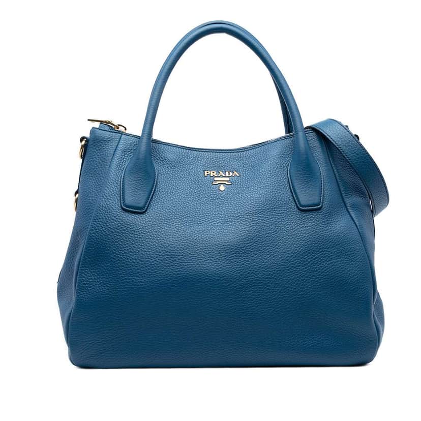 Prada Vitello Daino Sacca 2 Manici Convertible Tote Blue Leather Good condition - Front View