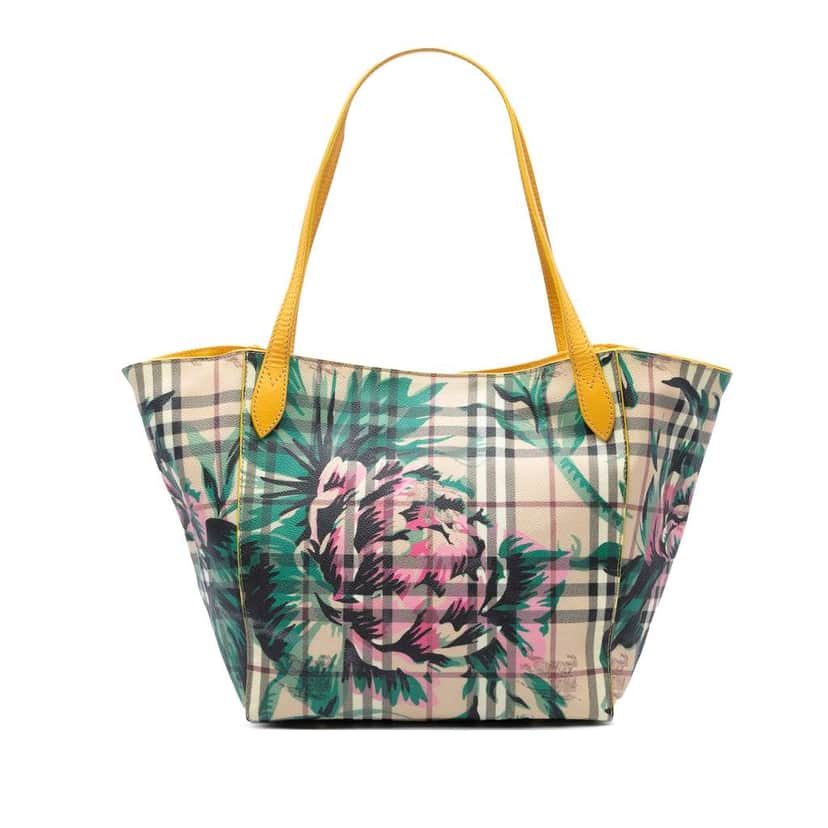 Burberry Small Haymarket Check Floral Print Coated Canvas Canterbury Tote Brown Canvas Good condition - Front View