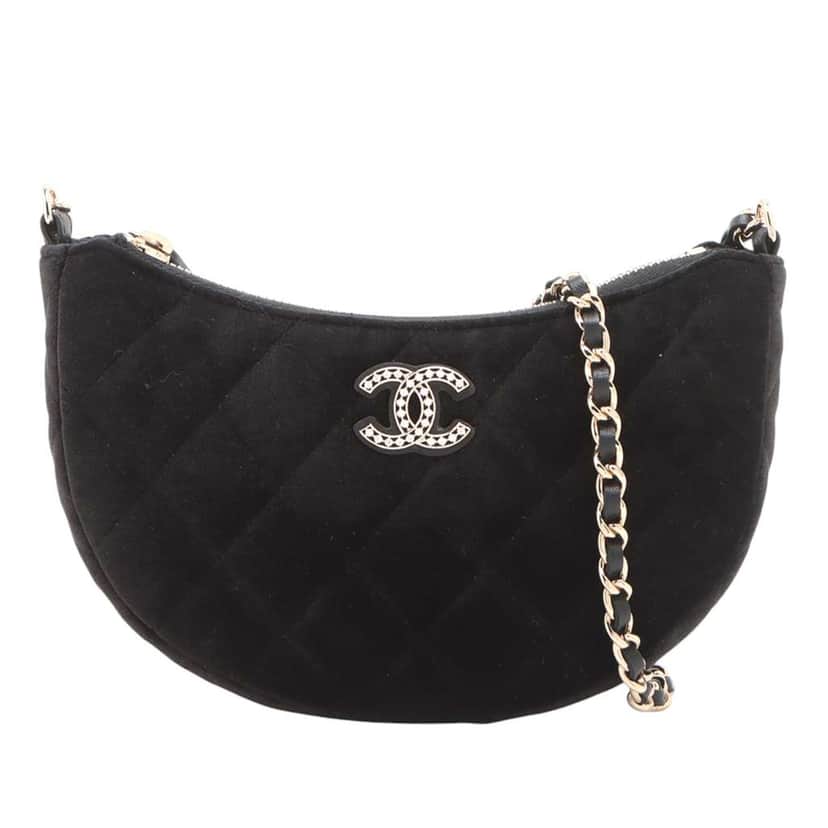 Chanel CC Quilted Velour Half Moon Chain Crossbody Black Velvet Good condition - Front View