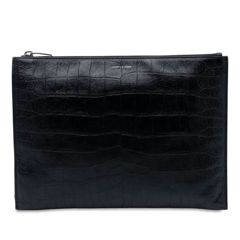Saint Laurent Crocodile Embossed Leather Zipped Tablet Holder Black Leather Good condition - Front View