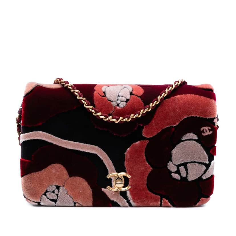 Chanel Paris Cosmopolite Velvet Camellia Flap Red Velvet Good condition - Front View