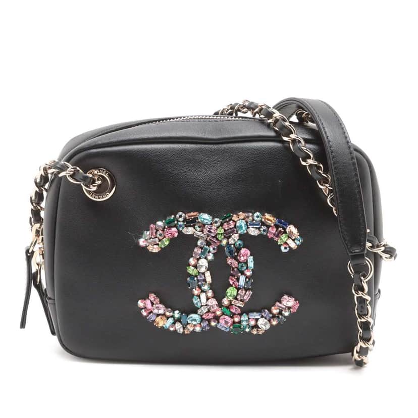 Chanel Lambskin Giant Crystal CC Camera Bag Black Leather Good condition - Front View