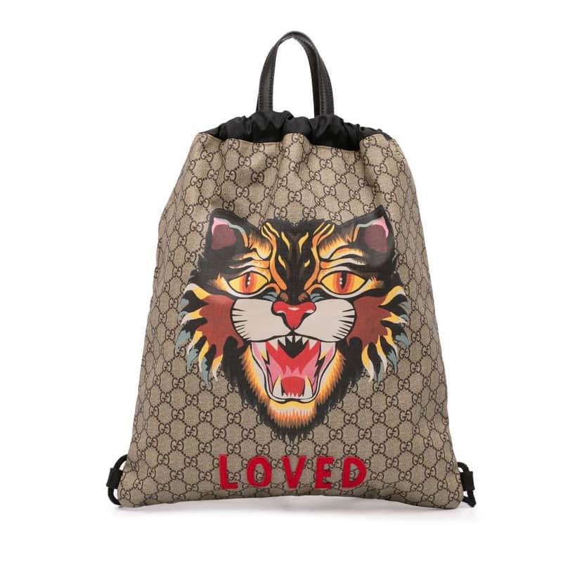 Gucci GG Supreme Angry Cat Drawstring Backpack Brown Canvas Good condition - Front View