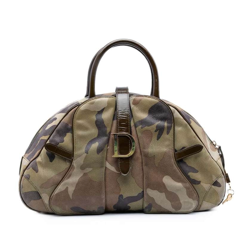 Dior Camouflage Coated Canvas Double Saddle Bowler Bag Green Canvas Good condition - Front View