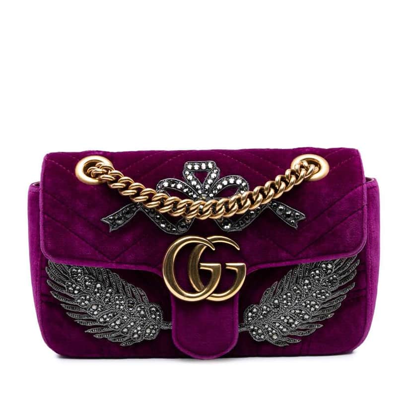 Gucci Small GG Marmont Matelasse Velvet Crystal Embellished Shoulder Bag Purple Velvet Good condition - Front View