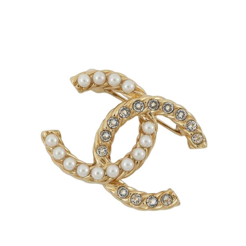 Chanel Gold Plated CC Faux Pearl Rhinestone Brooch Gold Metal Good condition - Front View