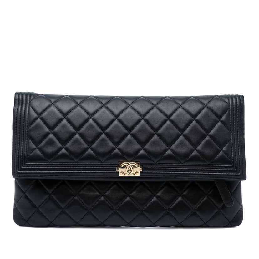 Chanel Quilted Lambskin Boy Foldover Clutch Black Leather Good condition - Front View