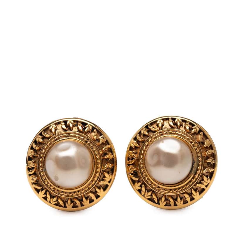 Chanel Gold Plated Faux Pearl Clip On Earrings Gold Metal Good condition - Front View