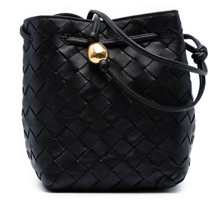 Bottega Veneta Small Nappa Intrecciato Bucket Bag Black Leather Good condition - Front View
