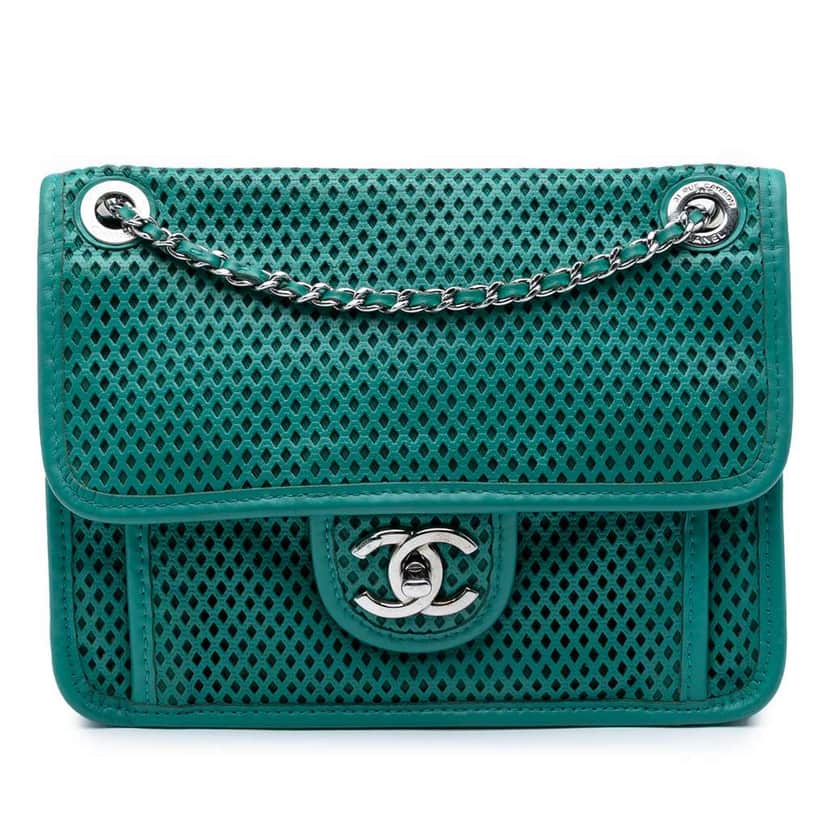 Chanel Small Perforated Calfskin Up In The Air Flap Green Leather Good condition - Front View