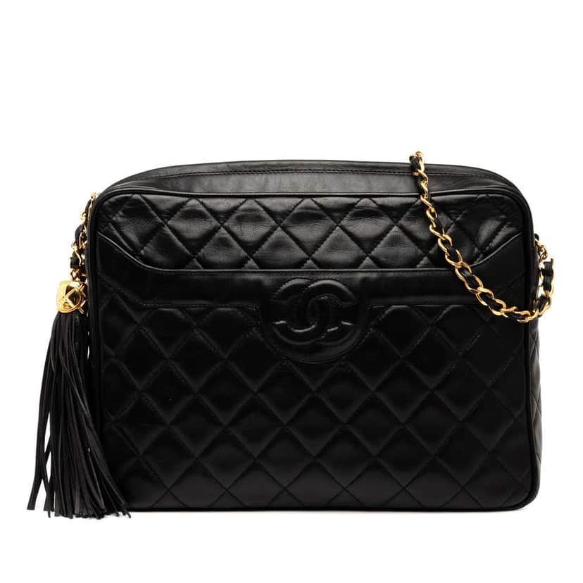 Chanel Medium CC Quilted Lambskin Tassel Camera Bag Black Leather Good condition - Front View