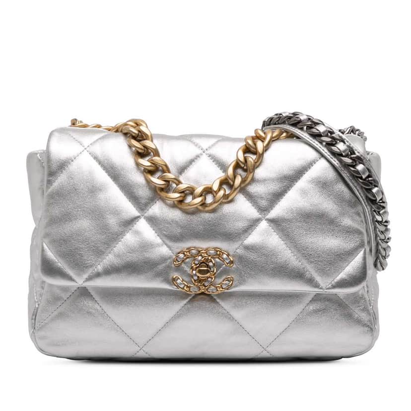 Chanel Large Metallic Lambskin 19 Flap Silver Leather Good condition - Front View