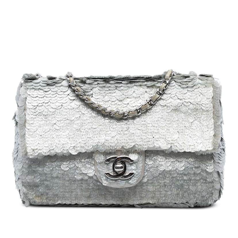Chanel Small Paillettes Sequin Single Flap Silver Satin Good condition - Front View