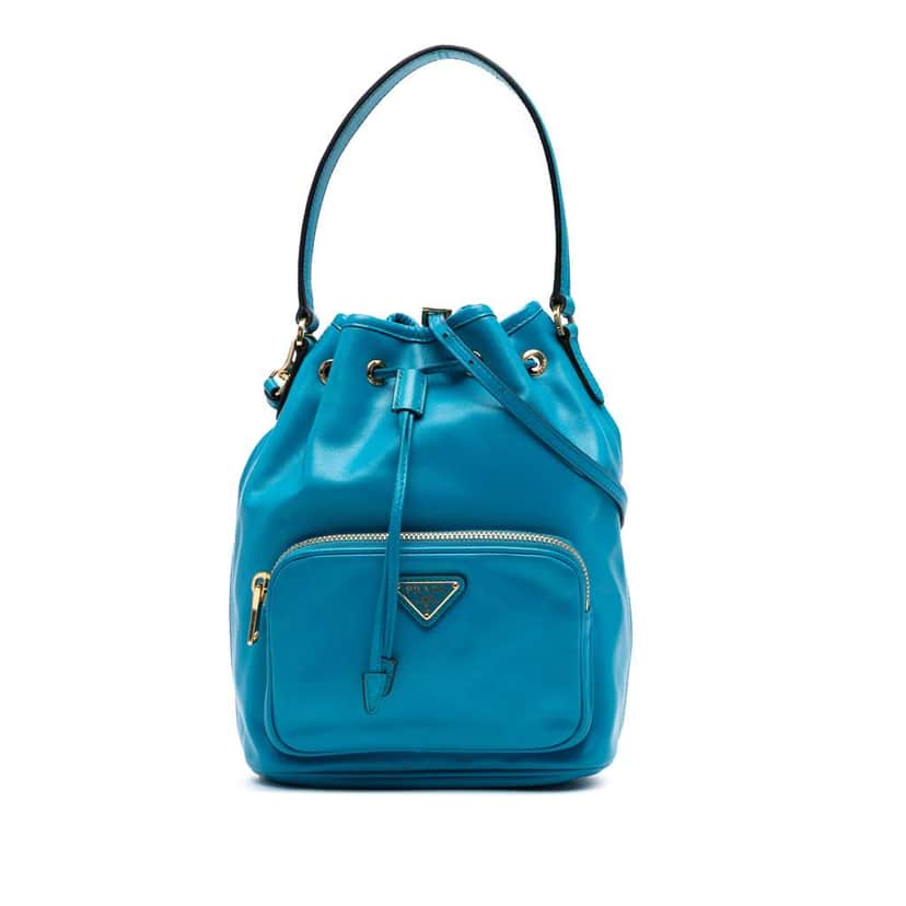 Prada Mini Soft Calf Drawstring Bucket Bag Blue Leather Good condition - Front View