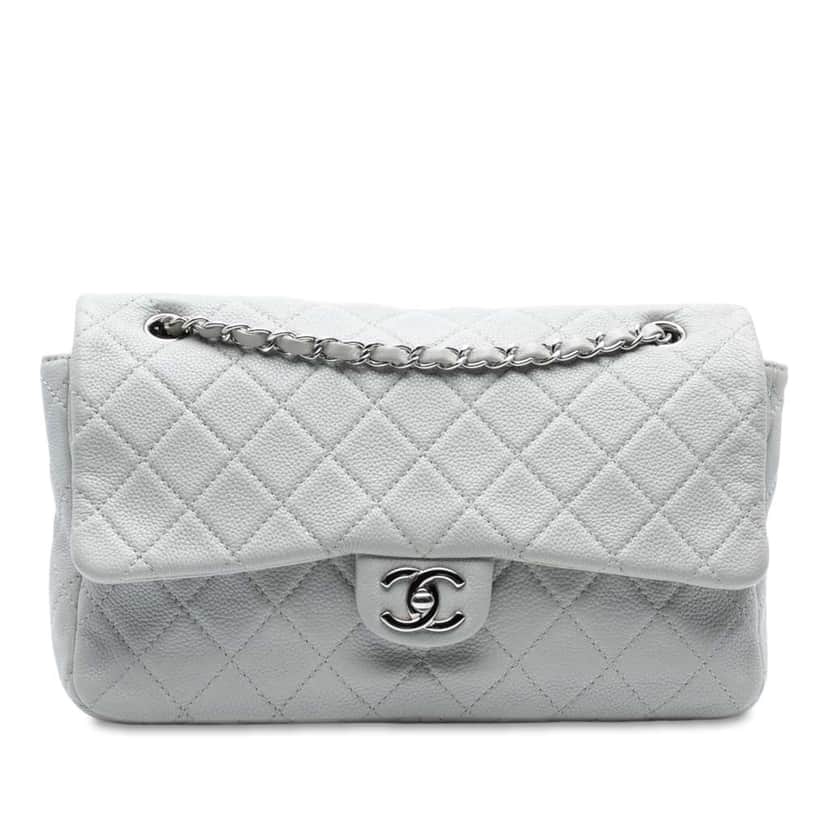 Chanel Jumbo Quilted Caviar Double Compartment Chain Flap White Leather Good condition - Front View