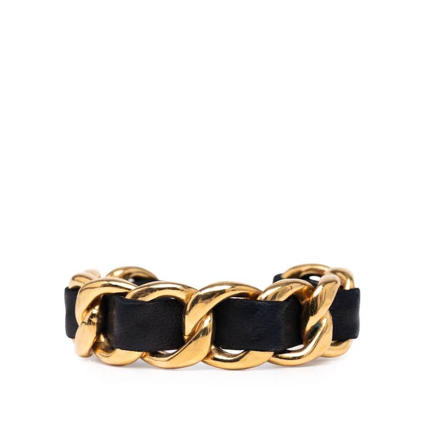 Chanel Gold Plated Leather Woven in Chain Cuff Bracelet Gold Metal Good condition - Front View