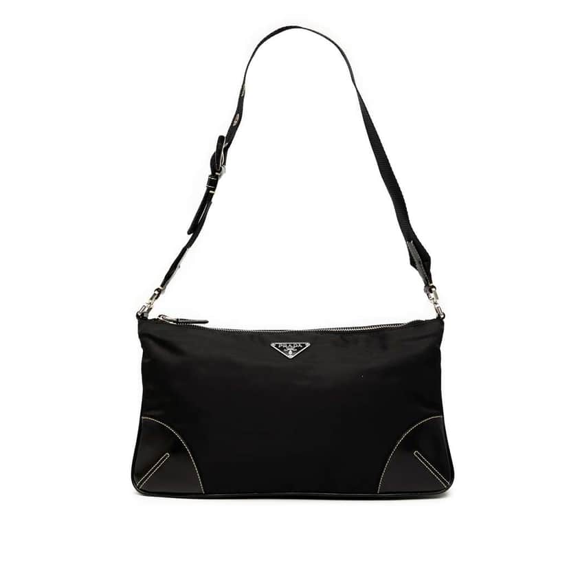 Prada Leather Trimmed Tessuto Shoulder Bag Black Good condition - Front View