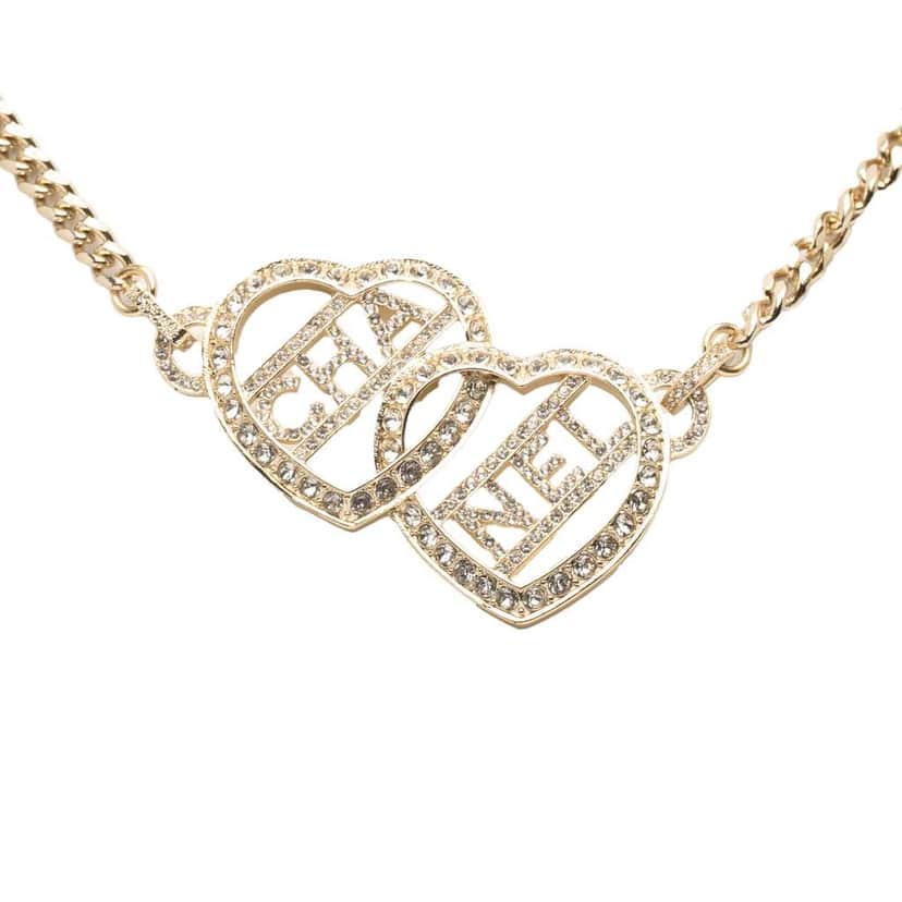Chanel Gold Plated Rhinestones Heart Logo Choker Necklace Gold Metal Good condition - Front View