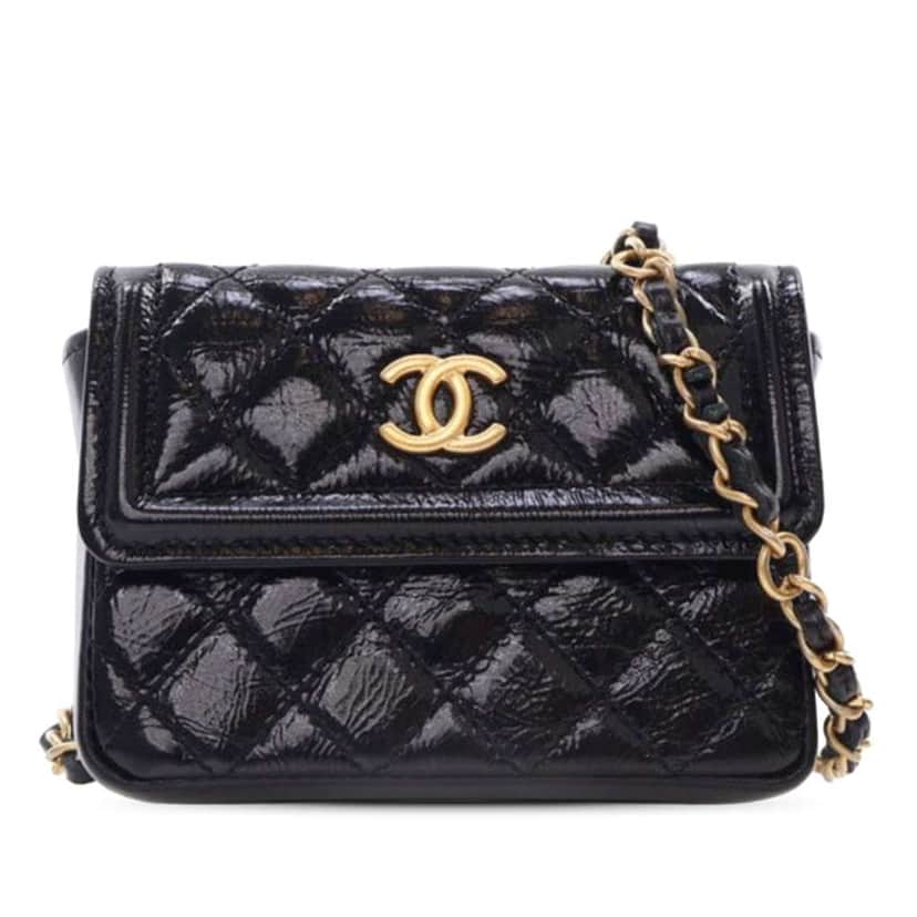 Chanel Quilted Shiny Aged Calfskin Waist Belt Bag Black Leather Good condition - Front View