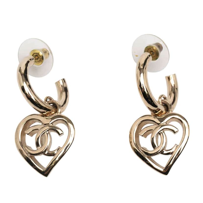 Chanel Gold Plated CC Heart Coco in Love Hoop Push Back Earrings Gold Metal Good condition - Front View