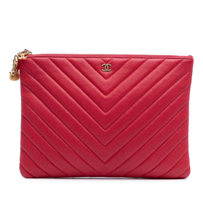 Chanel Medium Chevron Caviar Ancient Greek Charms O Case Clutch Red Leather Good condition - Front View