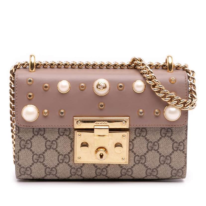 Gucci Small GG Supreme Pearl Studded Padlock Crossbody Brown Canvas Good condition - Front View