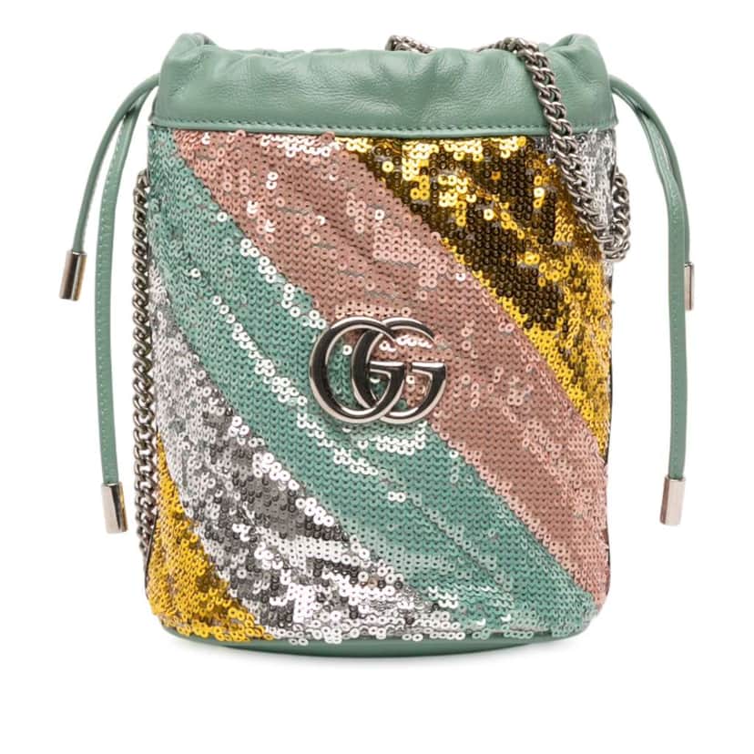 Gucci Small GG Marmont Sequined Diagonal Matelasse Leather Bucket Bag Green Leather Good condition - Front View