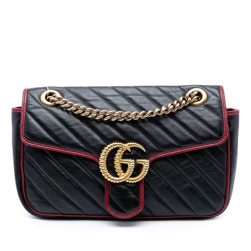 Gucci Medium GG Marmont Matelasse Diagonal Leather Torchon Shoulder Bag Black Leather Good condition - Front View