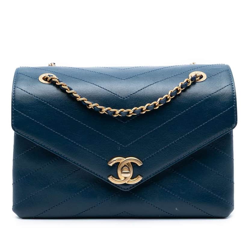 Chanel Small Chevron Lambskin Stitched Envelope Flap Blue Leather Good condition - Front View