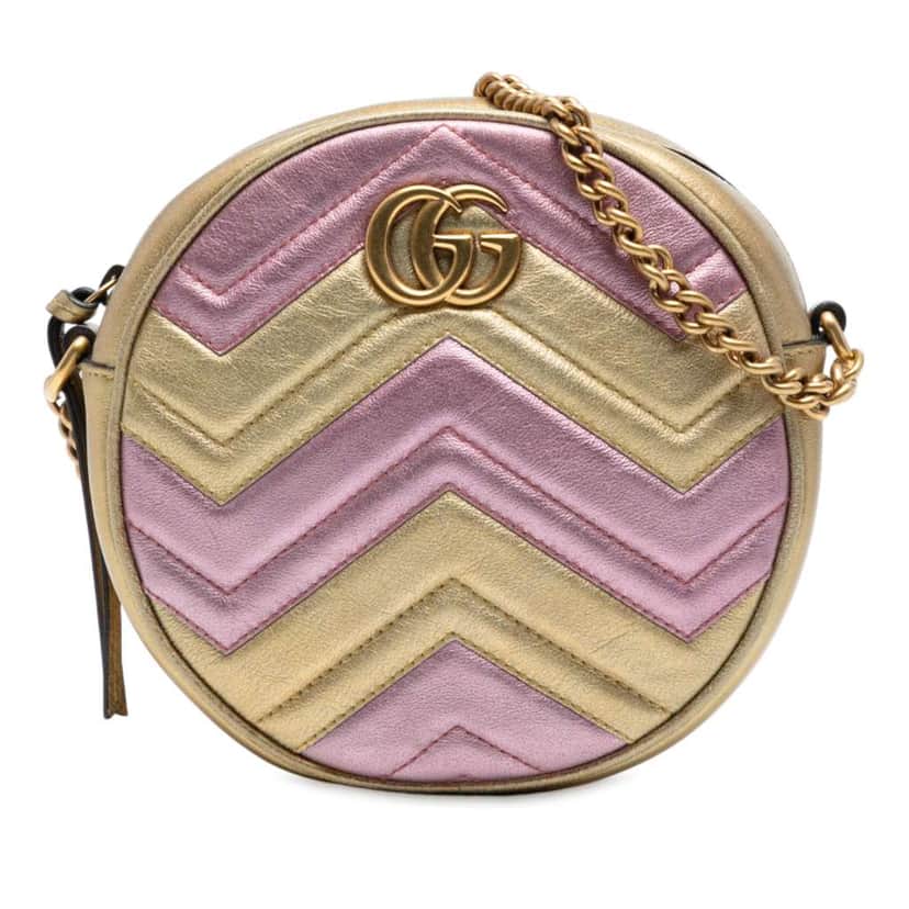 Gucci Mini GG Marmont Matelasse Metallic Leather Round Crossbody Gold Leather Good condition - Front View