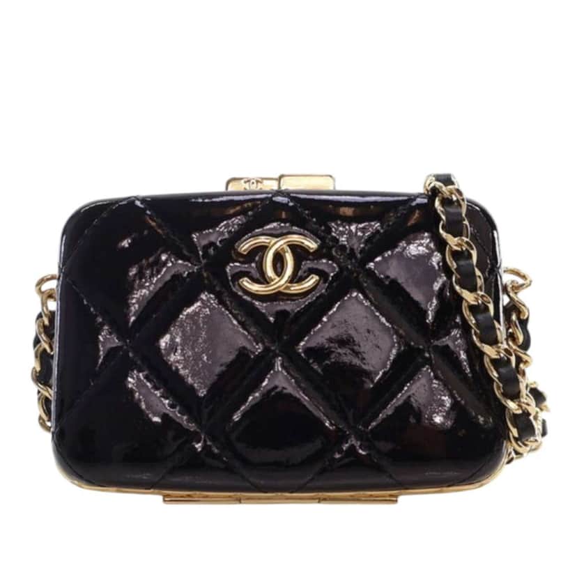 Chanel Small Glazed Goatskin Box With Chain Black Leather Very good condition - Front View