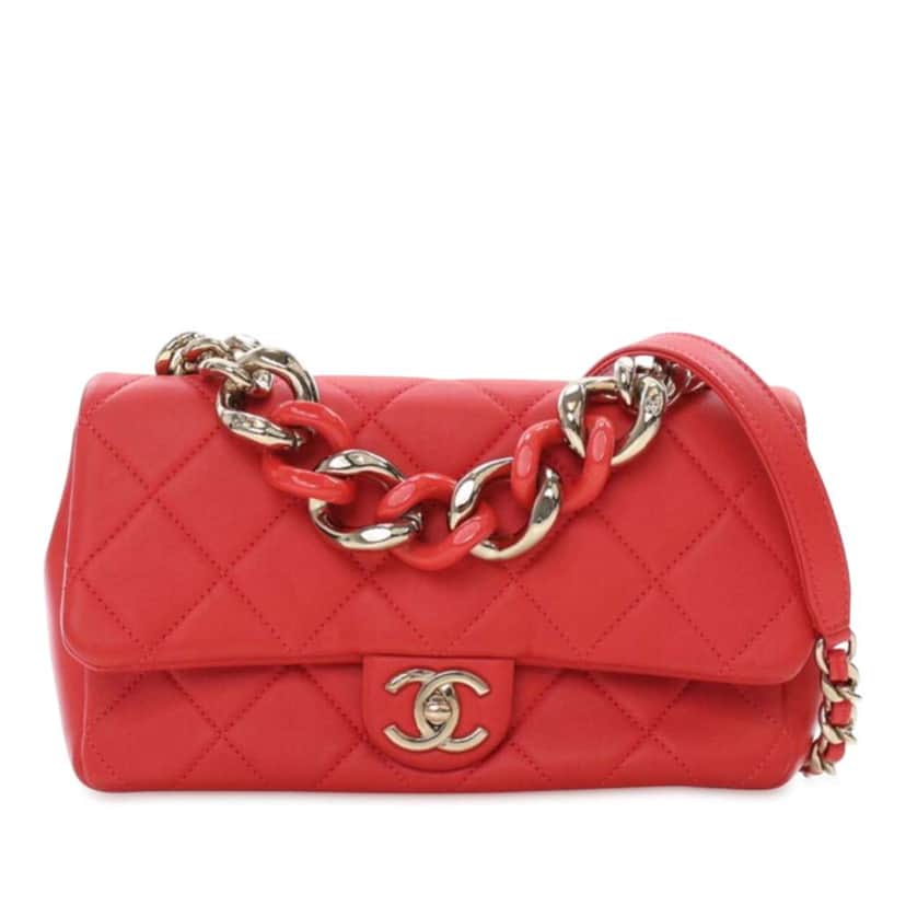 Chanel Small Lambskin Elegant Chain Single Flap Red Leather Good condition - Front View