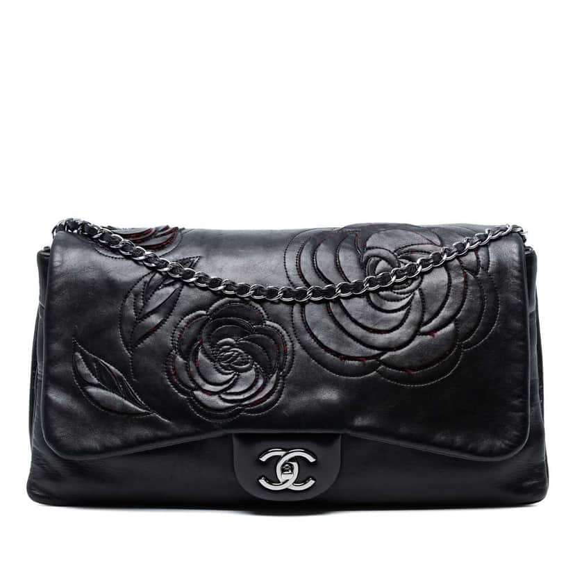 Chanel Lambskin and Tweed Camellia Petals Flap Black Leather Good condition - Front View