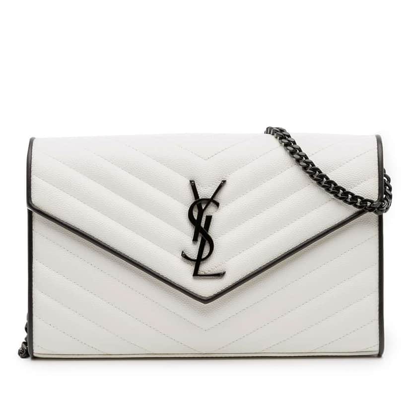 Saint Laurent Grain De Poudre Matelasse Chevron Monogram Chain Wallet White Leather Good condition - Front View