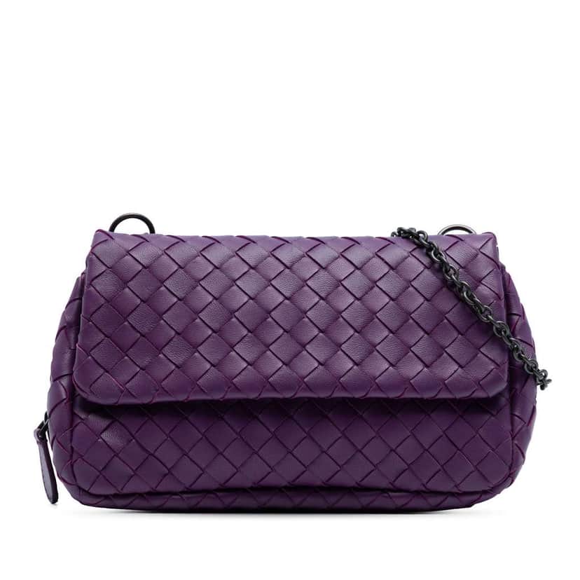 Bottega Veneta Mini Nappa Intrecciato Expandable Chain Flap Crossbody Purple Leather Good condition - Front View