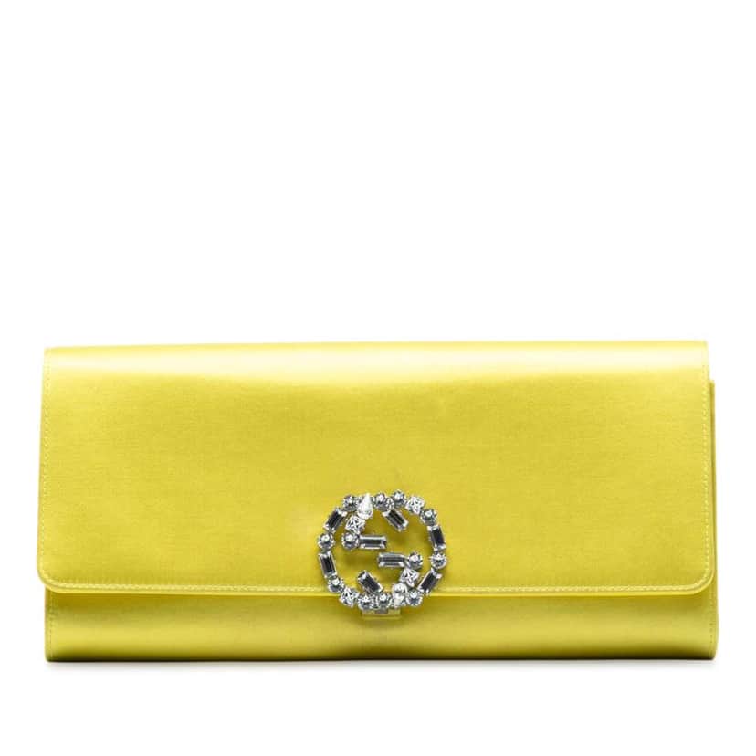 Gucci Satin Crystals Broadway Clutch Yellow Satin Good condition - Front View