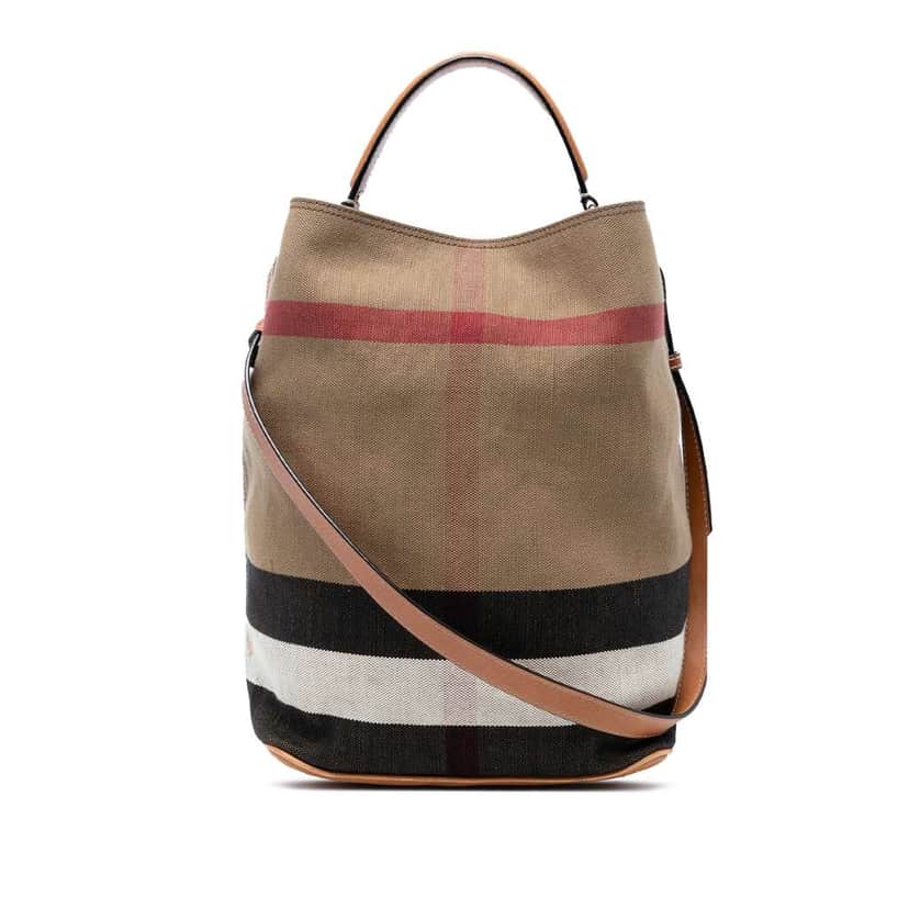 Burberry Medium Mega Check Canvas Ashby Bucket Bag Brown Canvas Good condition - Front View