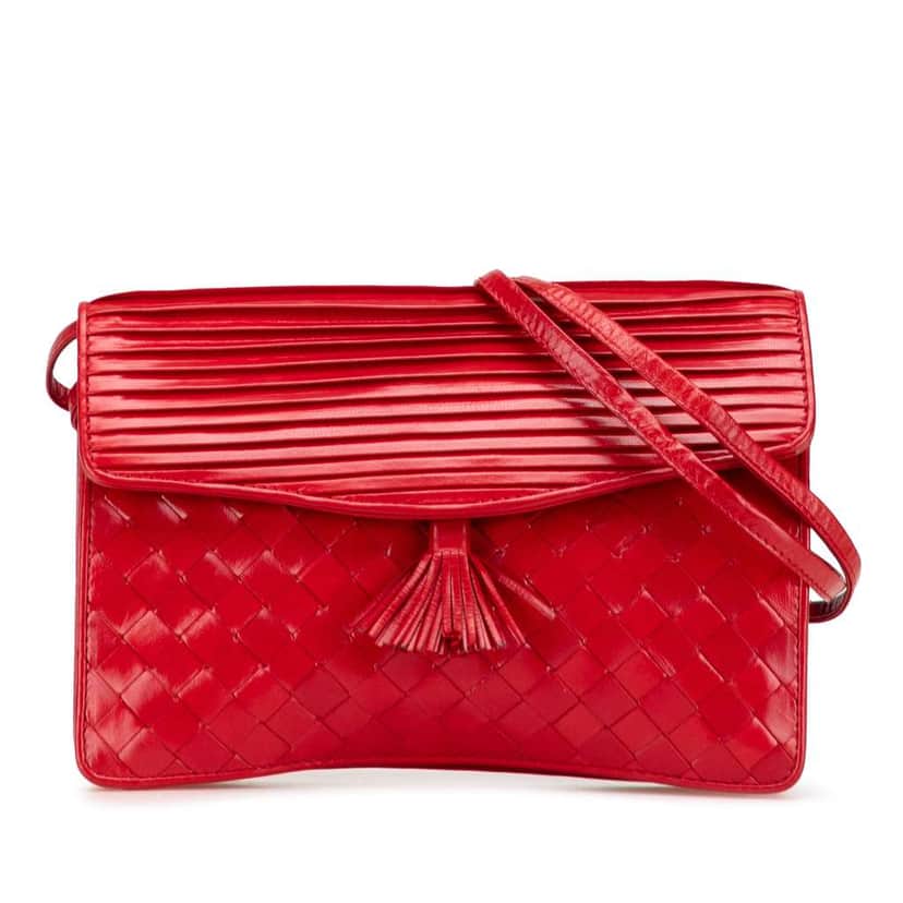 Bottega Veneta Nappa Intrecciato Tassel Shoulder Bag Red Leather Good condition - Front View